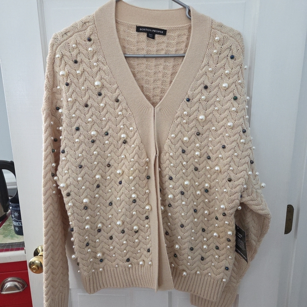 Boston Proper Cream Cardigan with Pearl Accents